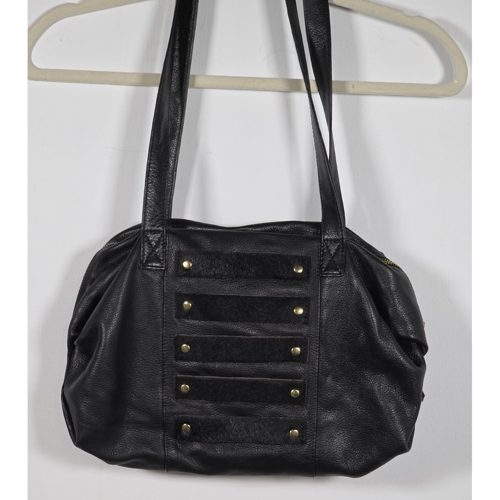 Latico Womens Medium Pebbled Leather Shoulder Bag Black Bowler Satchel Gold
